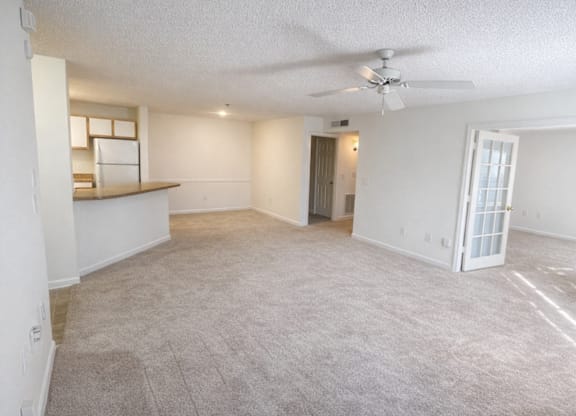 A spacious living room with a ceiling fan and carpeted floor.