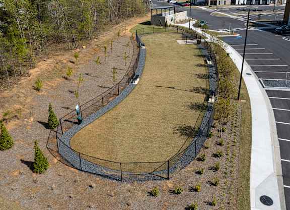 A fenced in grassy dog park