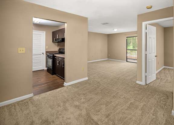 Classic Apartment Unit- A spacious living room with a kitchen area in the background.