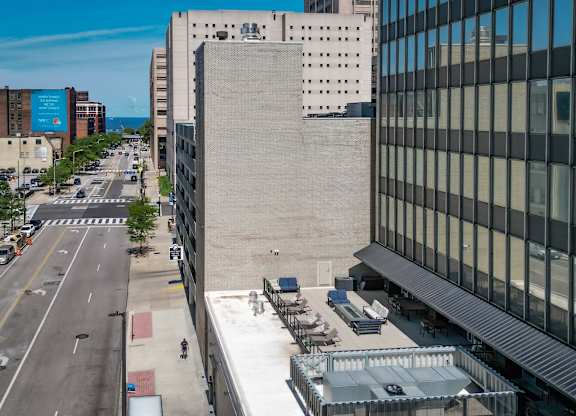 A view of a city street from a high vantage point.