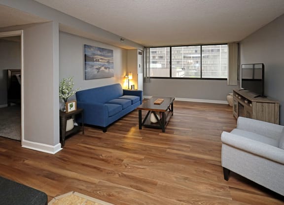Newly Renovated Model Suite at Reserve Square in Cleveland OH - Living Area with Brand New Hard Surface Flooring