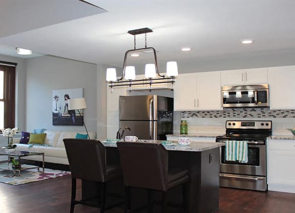 Gourmet Kitchen With Island at Residences at Leader, Cleveland, OH