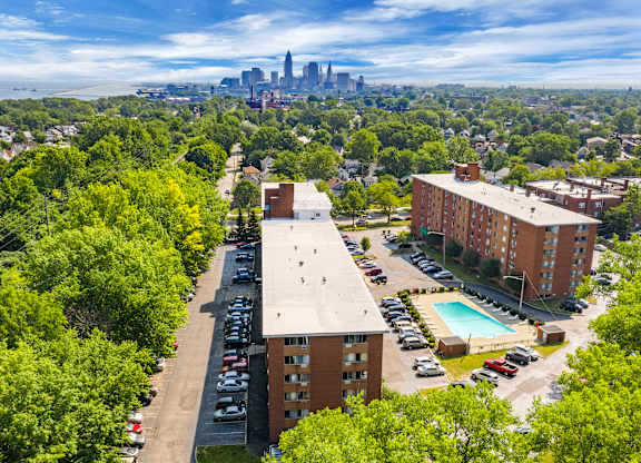 A view of a city skyline from a high vantage point.