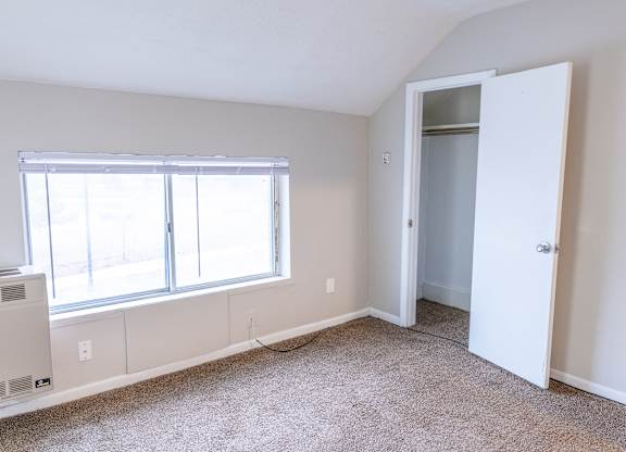 A room with a carpet floor, a window, and a door.