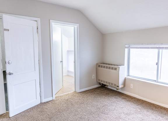A room with a window, a door, and a furnace.