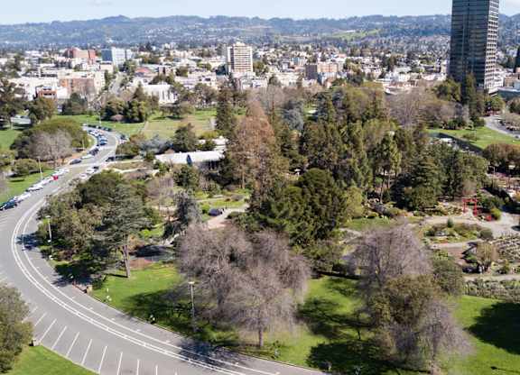 A cityscape with a road curving through a park.