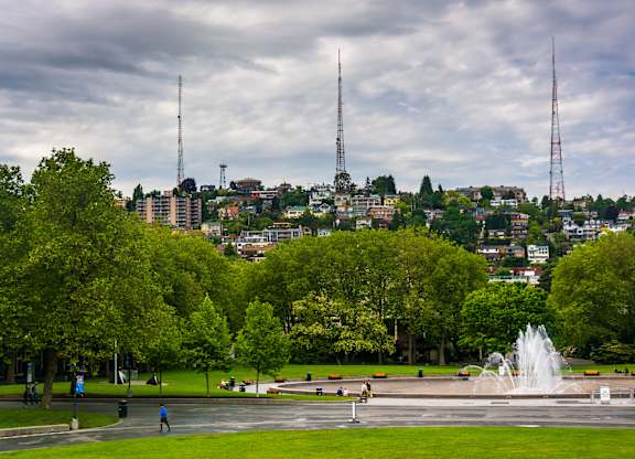 City skyline view with park and fountain at Axis Seattle Apartments, Seattle, 98109