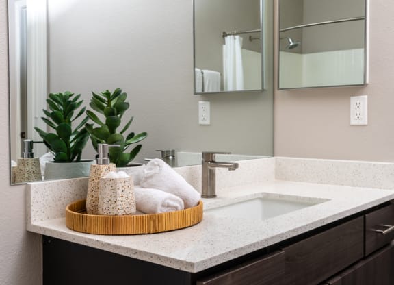a bathroom with a sink and a mirror