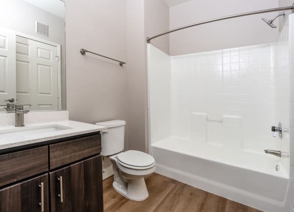 a bathroom with a shower toilet and sink and a mirror