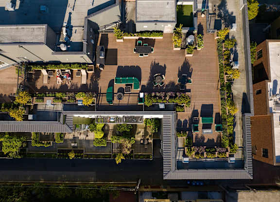 Rooftop terrace with lounge seating and greenery at Axis Seattle Apartments, Seattle, WA