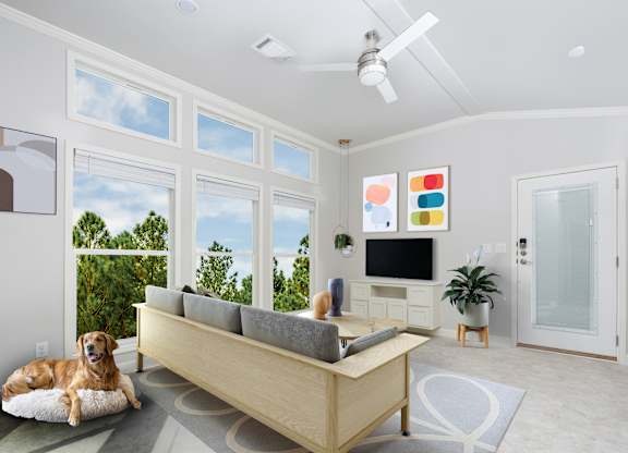 A dog is lying on a dog bed in a living room.
