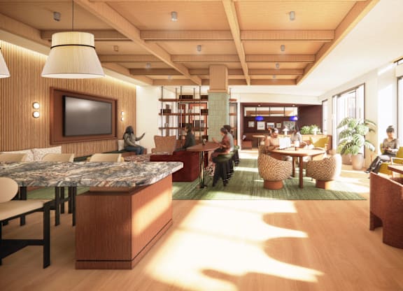 A modern living room with a large wooden table and chairs.