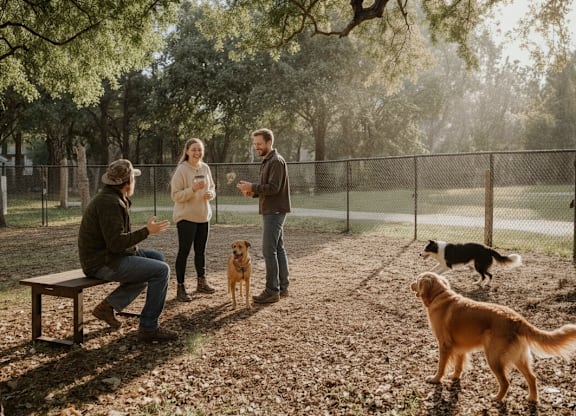 A group of people are sitting on a bench in a park with their dogs.