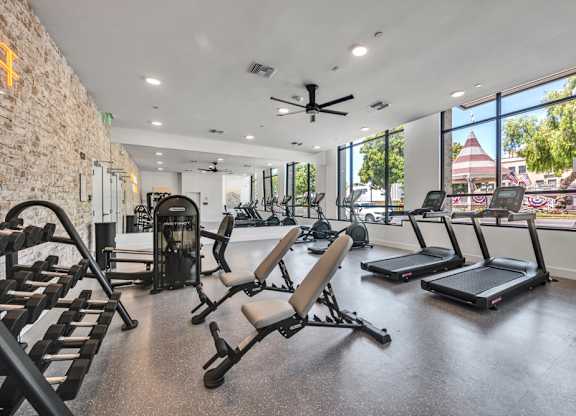 A gym with treadmills, weights, and a ceiling fan.