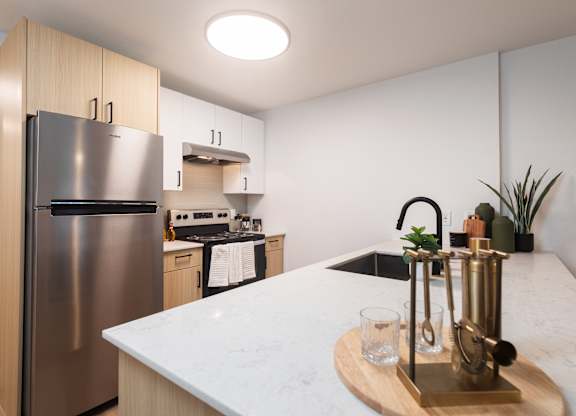A modern kitchen with a stainless steel refrigerator and a marble countertop.