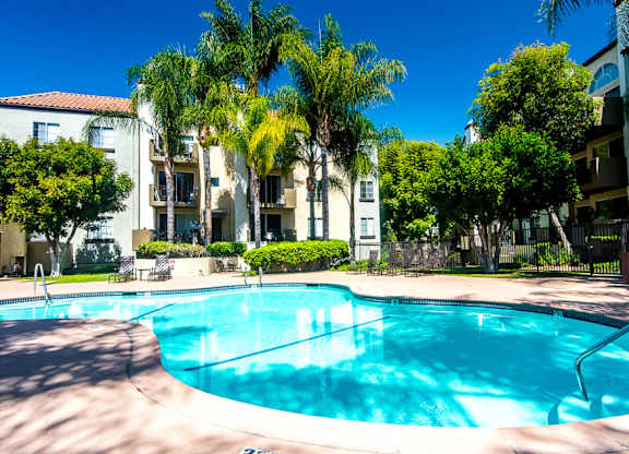 A swimming pool surrounded by palm trees and apartment buildings.at Norwalk Metropointe, Norwalk California  