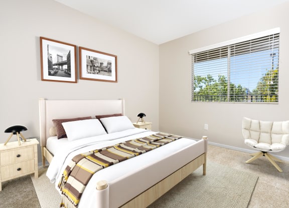 a bedroom with a bed and a chair