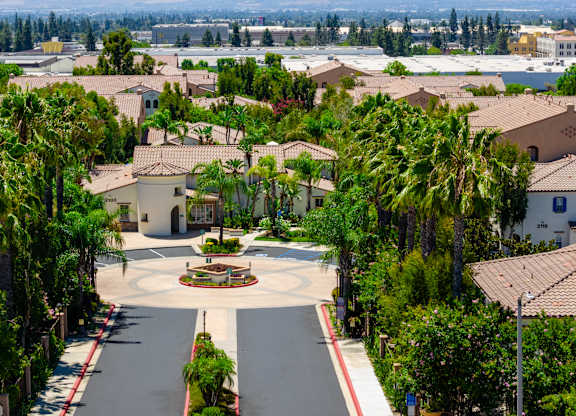 A view of a residential area with houses and palm trees.