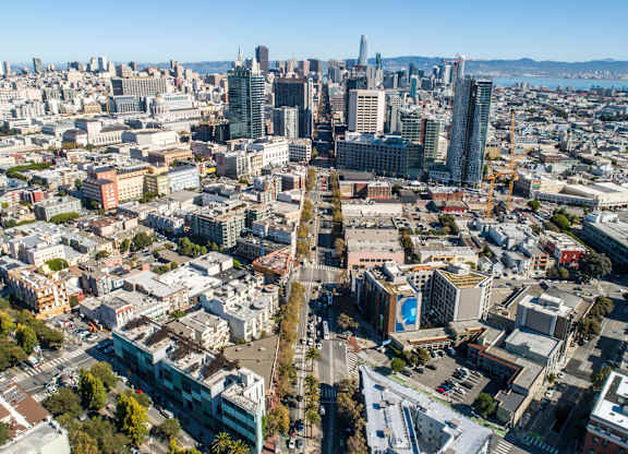 A cityscape with a mix of residential and commercial buildings.at The Rise, San Francisco, 94103  