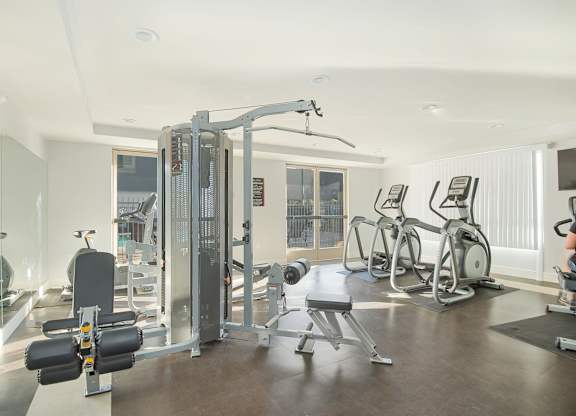 A well-equipped gym with a variety of machines and a person working out on a stationary bike at Woodley Sara Apartment, California