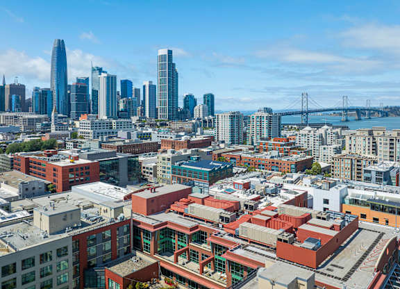 A cityscape with a mix of modern and older buildings, a bridge in the distance, and a clear sky.