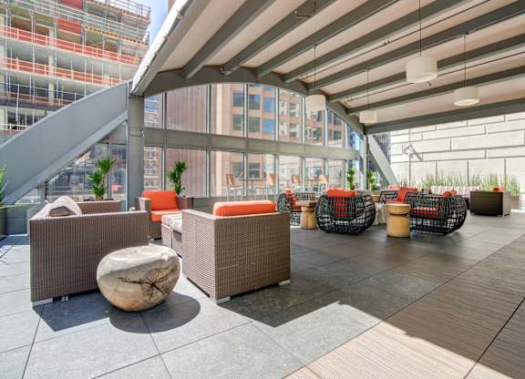 Outdoor resident lounge at Towers at Rincon, San Francisco, 94105