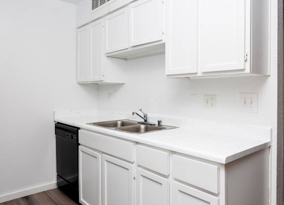 A kitchen with white cabinets and a black dishwasher.