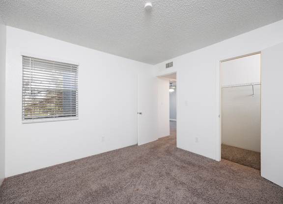 A room with a carpeted floor and a window with blinds.