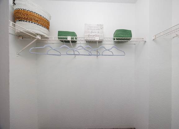 A white shelf with three hangers and two green objects.