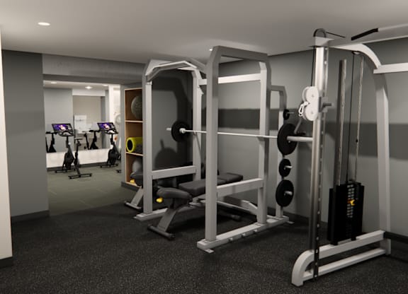 Fitness center with weight training equipment and cardio area at Axis Seattle Apartments, Washington, 98109