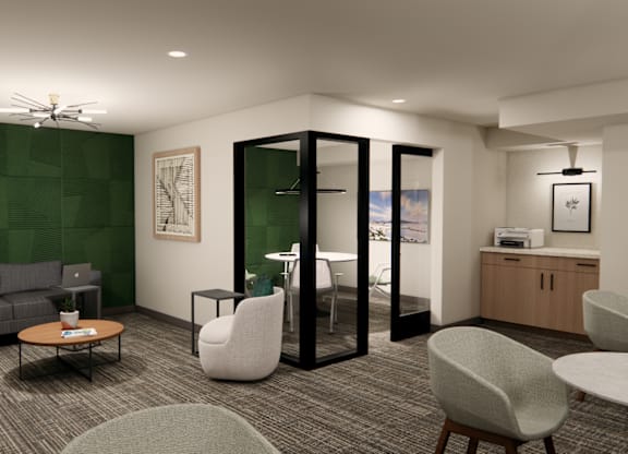 Community lounge with glass enclosed workspace at Axis Seattle Apartments, Seattle, WA 98109