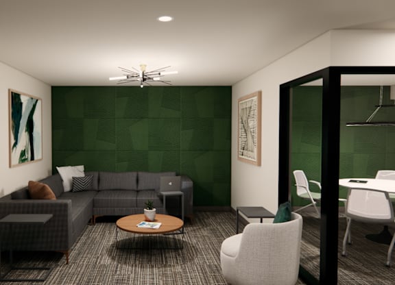 Living area with sectional sofa and accent wall at Axis Seattle Apartments, Seattle, 98109