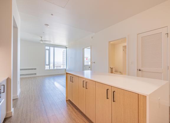 A long white counter with wooden cabinets.