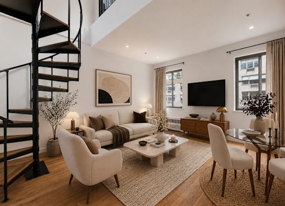 A living room with a spiral staircase and a television.