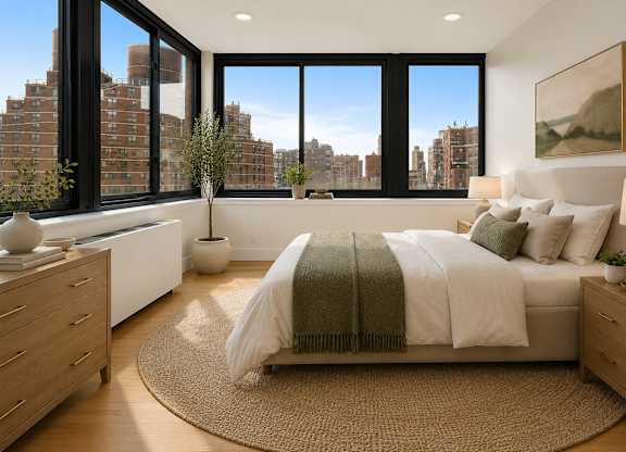 A bedroom with a large bed and a view of the city.