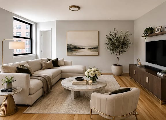 A living room with a white couch, a coffee table, and a painting on the wall.