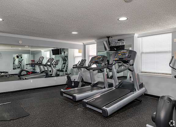 A gym with treadmills and exercise equipment.