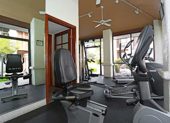 A gym with a treadmill, exercise bike, and weights.