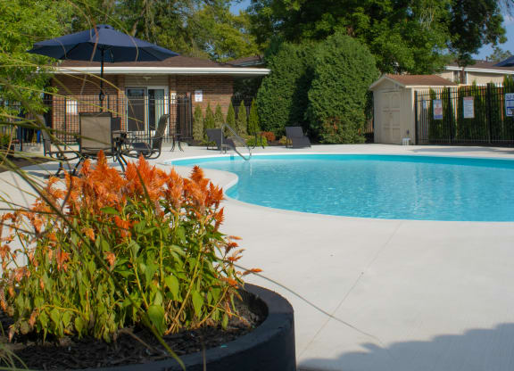 a swimming pool in front of a house with a patio and plants