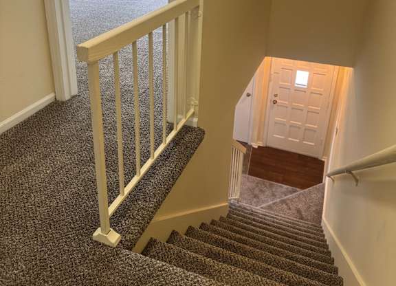 A staircase with a carpeted runner and white balusters leads to a door at the bottom.