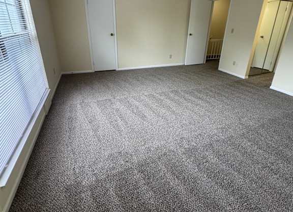 A room with a carpeted floor and three doors.