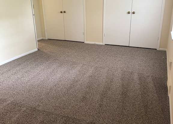 A room with two white doors and carpeted floor.