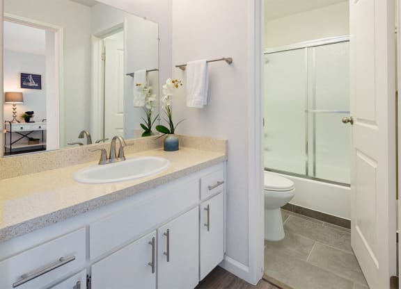 Bathroom With Adequate Storage at Three Crown Apartments, Alameda, 94501