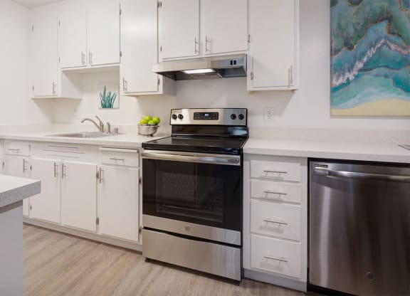 Kitchen with Stainless Steel Appliances at Marine View Apartments, Alameda, California