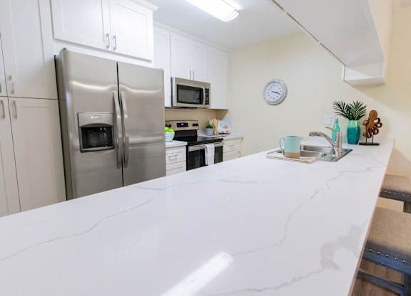 A kitchen with a marble countertop and stainless steel appliances.