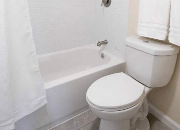 A white toilet sits next to a bathtub in a bathroom.