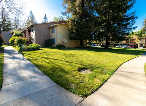 A sunny day at a residential area with apartment buildings and a sidewalk.