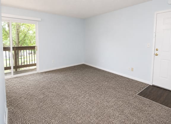 A room with a carpeted floor and a white door.