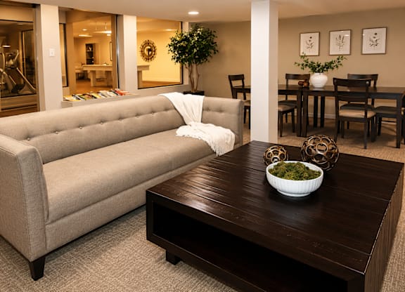 A grey couch with a white throw blanket on it.