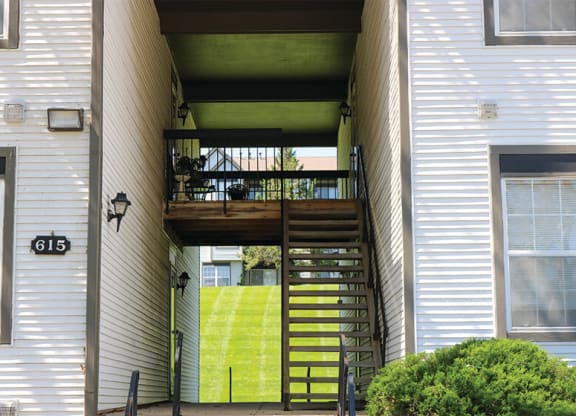 Peaking through the breezeway at Coach House Apartments, Kansas City, MO